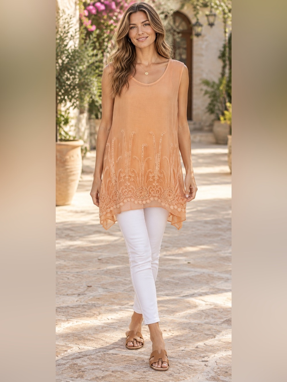 SOFT SURROUNDINGS Silk Romance Peach Parfait Embellished Blouse Size M NEW